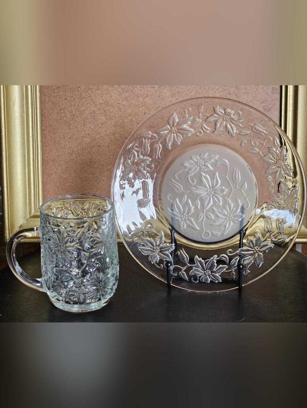 Princess House Fantasia Clear Floral Pressed Glass Dinner Plate and Mug Set